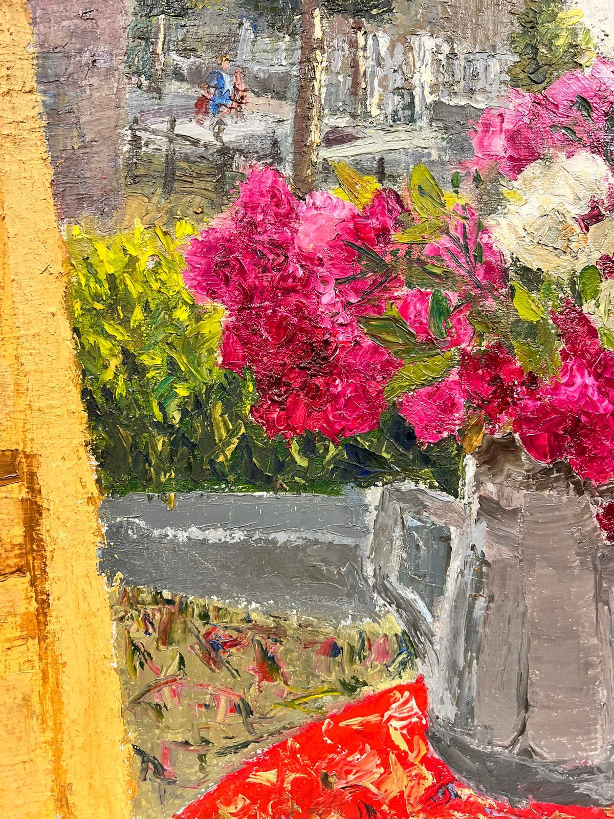 Pink and White Flowers In Vase In The French Street Table Thick Oil Impasto For Sale 4