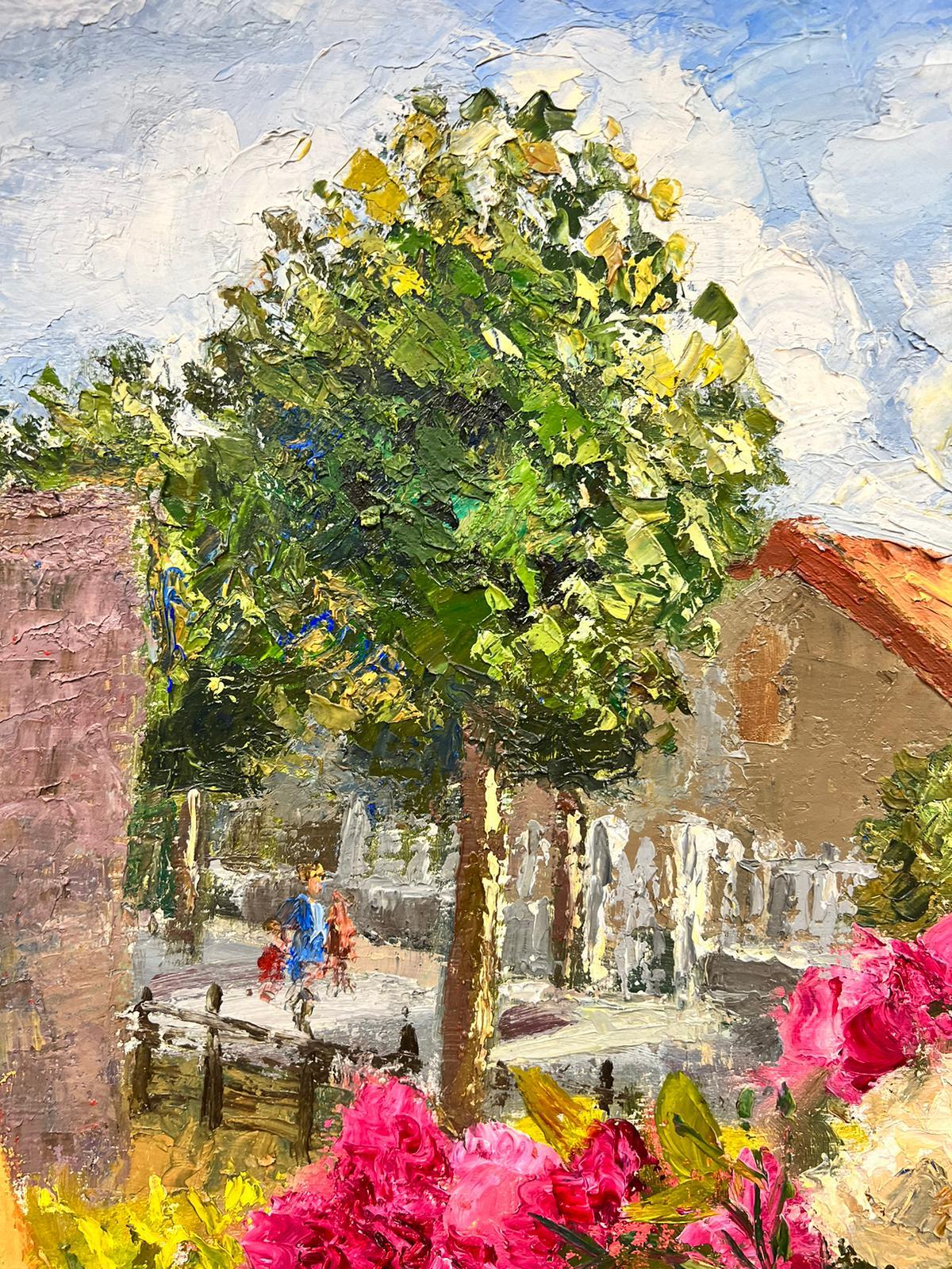 Fleurs roses et blanches dans un vase dans la rue française Table à l'huile épaisse Impasto - Post-impressionnisme Painting par Josine Vignon