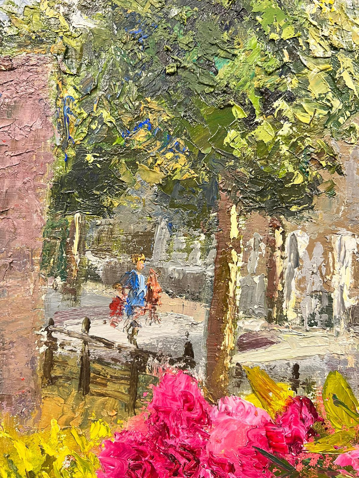 Pink and White Flowers In Vase In The French Street Table Thick Oil Impasto For Sale 1