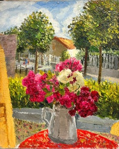 Fleurs roses et blanches dans un vase dans la rue française Table à l'huile épaisse Impasto