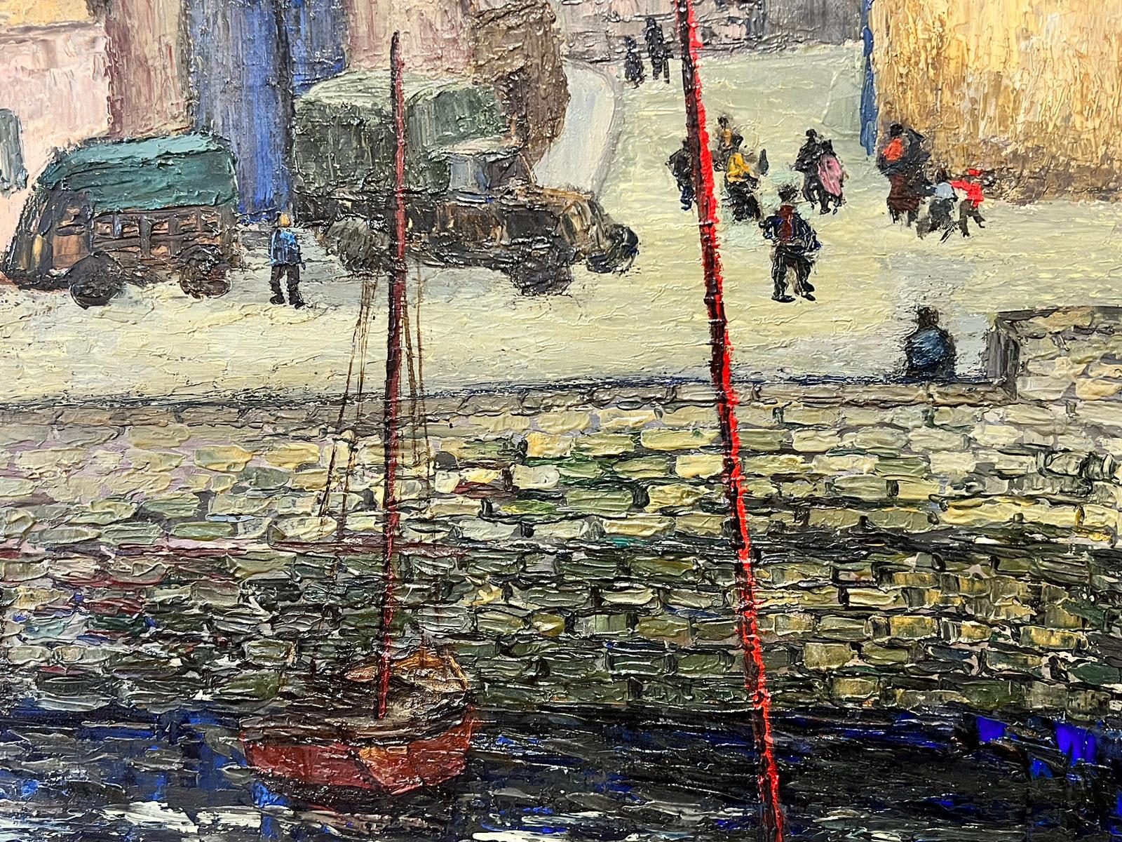 Port en Bessin Côte normande Grande huile post-impressionniste française des années 1960 - Painting de Josine Vignon