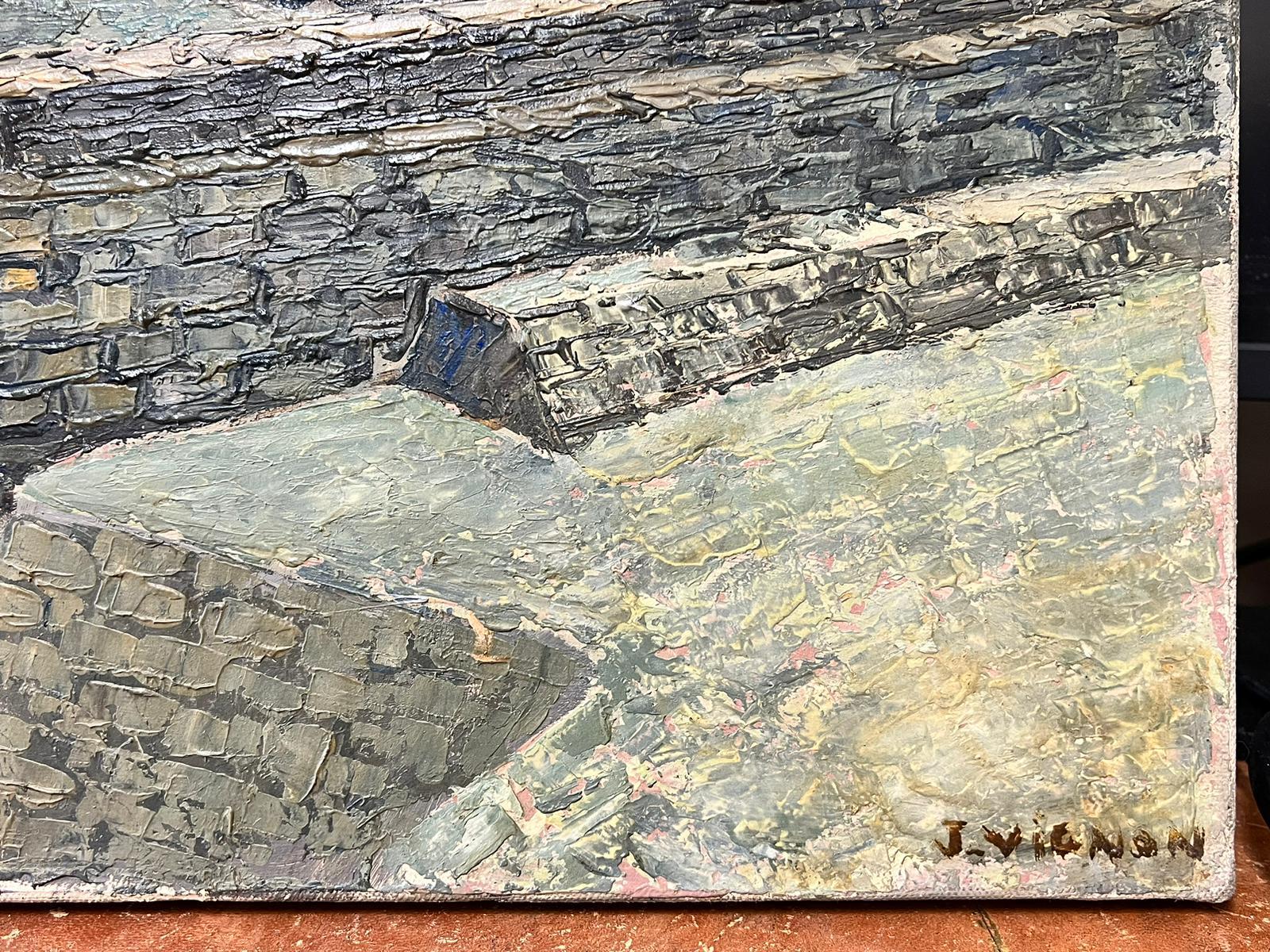 Port en Bessin Normandy Coastline Grande olio post impressionista francese del 1960 - Painting Postimpressionismo di Josine Vignon
