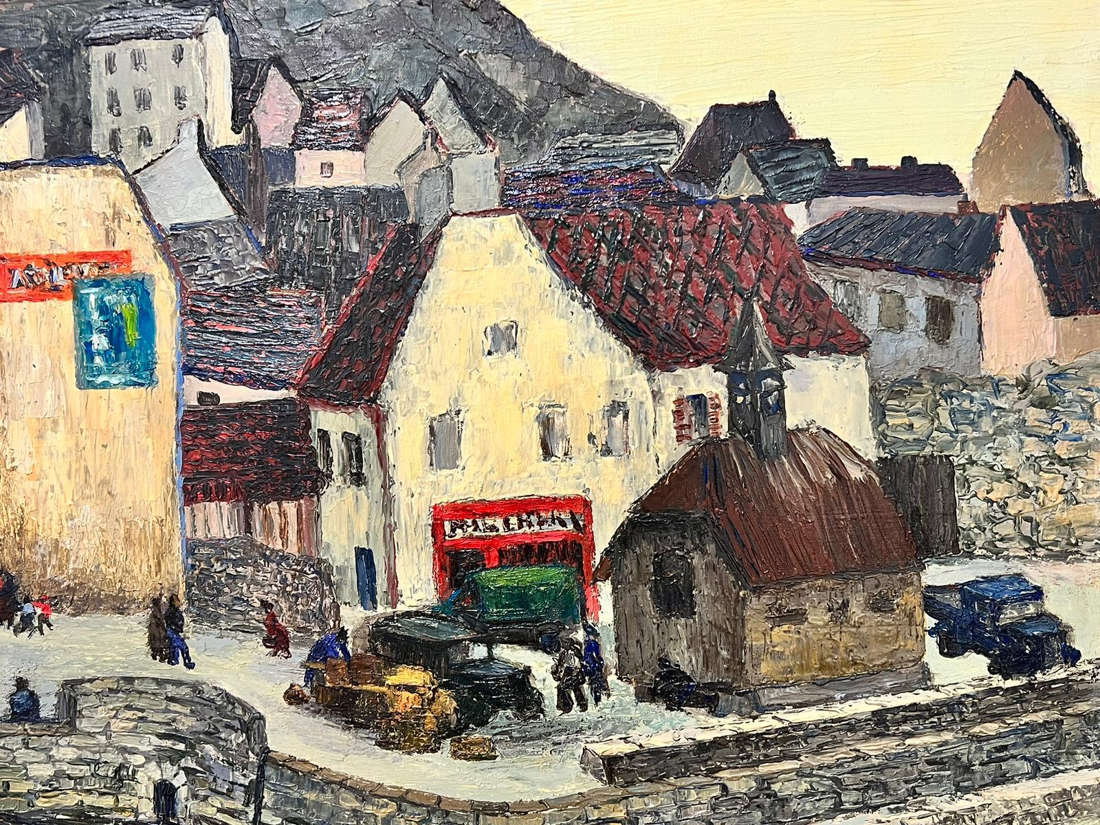 Port en Bessin Normandy Coastline Grande olio post impressionista francese del 1960 - Figurative Painting Beige di Josine Vignon
