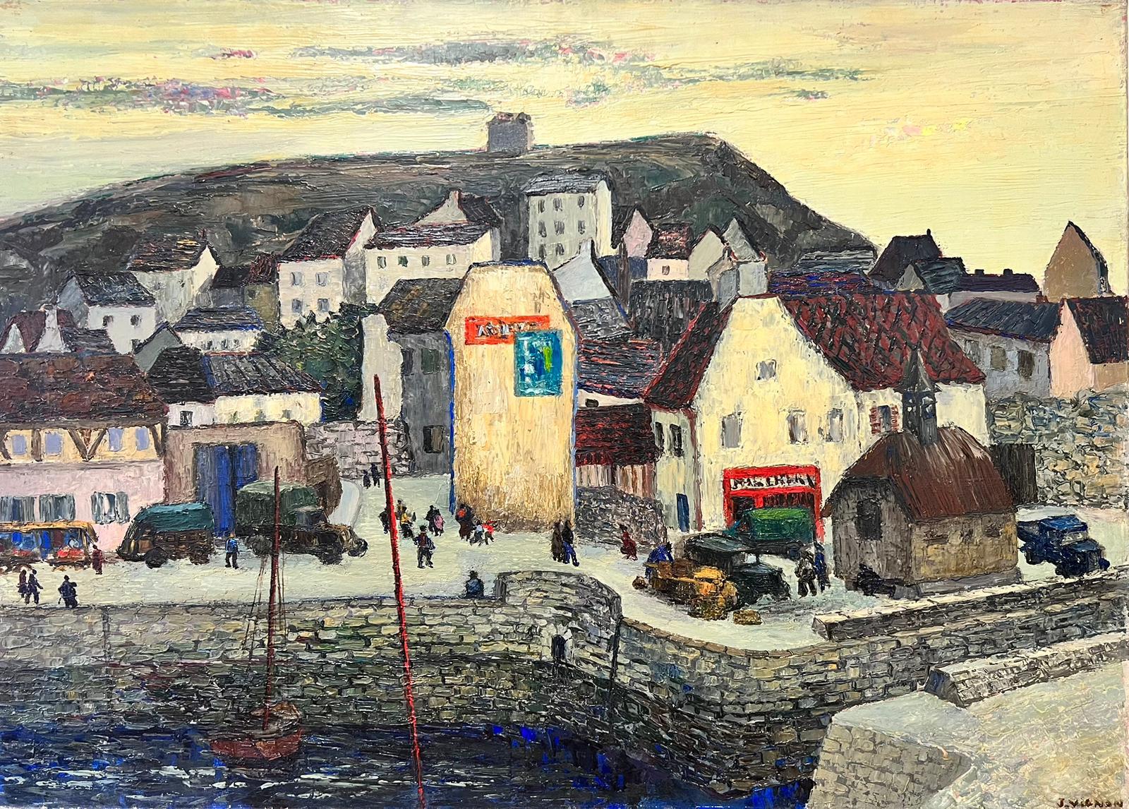 Figurative Painting Josine Vignon - Port en Bessin Côte normande Grande huile post-impressionniste française des années 1960
