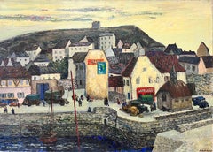 Port en Bessin Costa de Normandía Gran óleo postimpresionista francés de los años 60