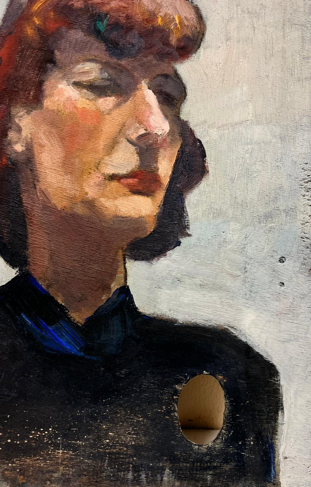 Lady Portrait
by Josine Vignon (French 1922-2022)
signed on front
double sided
oil painting on artists palette, unframed

board: 16 x 13 inches

Colors: Beige colors, brown, blue, grey and orange

Very good condition

Provenance: from the artists
