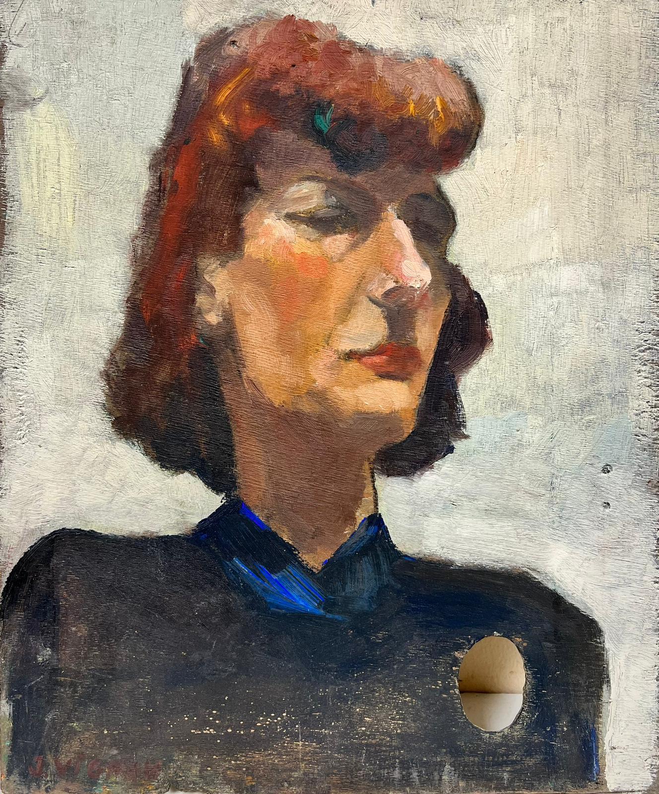 Josine Vignon Figurative Painting - 50s Posed Lady Portrait Oil Painting on Artists Palette Signed Impressionist Oil