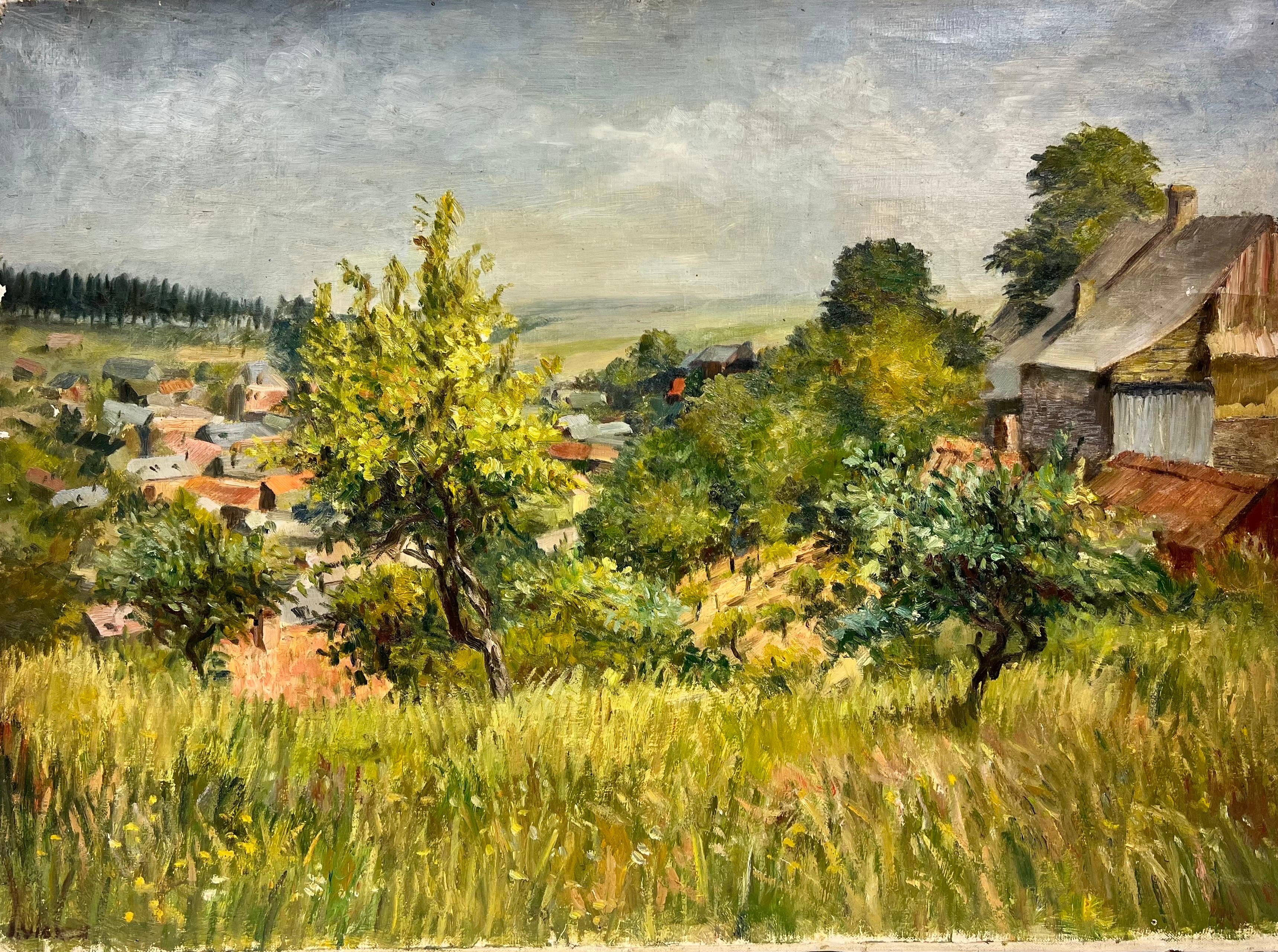 Josine Vignon Landscape Painting - Post-Impressionist French Oil Beautiful Provencal Village & Windswept Trees
