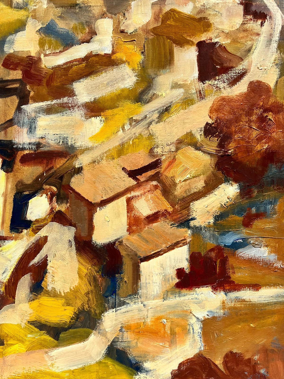 Peinture à l'huile française des années 1960 - Provence - Haut de colline perché - Couleurs ocre orange - Painting de Josine Vignon