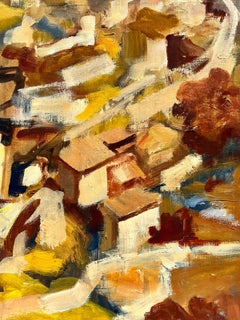 Provence Hill Top Perched Village 1960's French Oil Painting Orange Ochre Colors