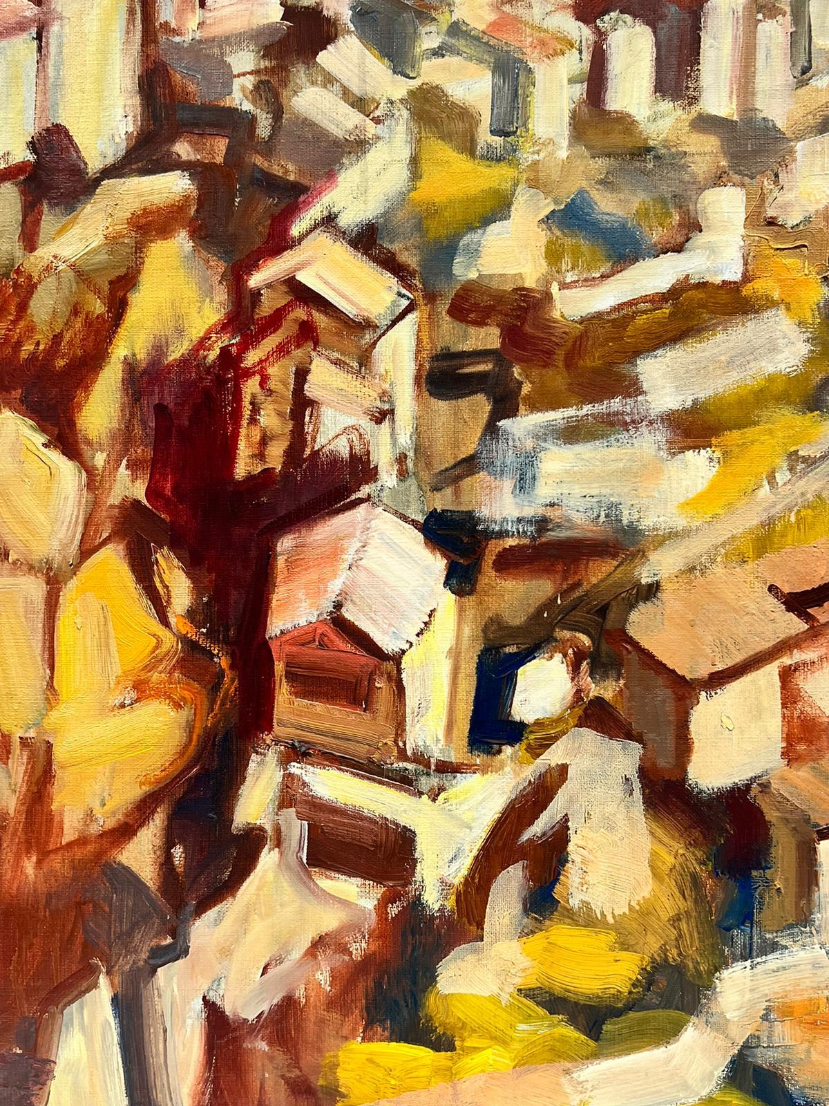 Provence Hill Top Perched Village 1960's French Oil Painting Orange Ochre Colors For Sale 1