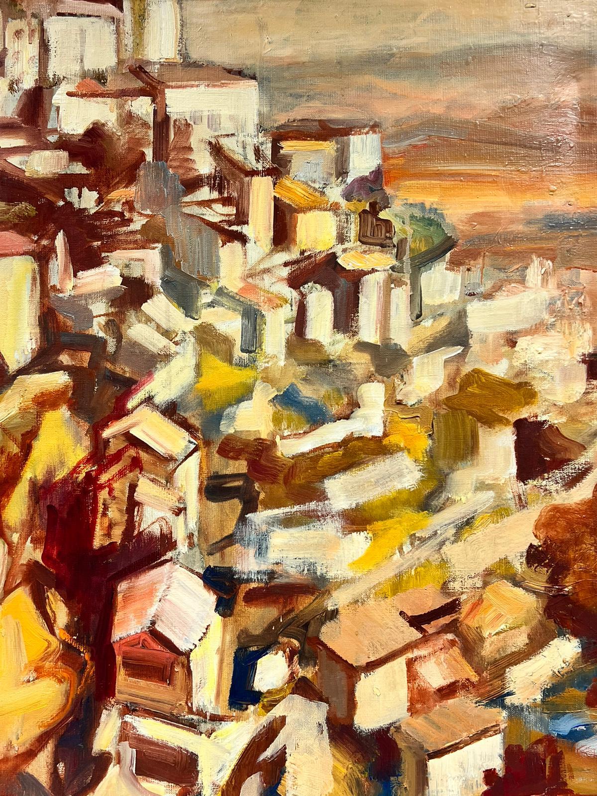 Provence Hill Top Perched Village 1960's French Oil Painting Orange Ochre Colors For Sale 2
