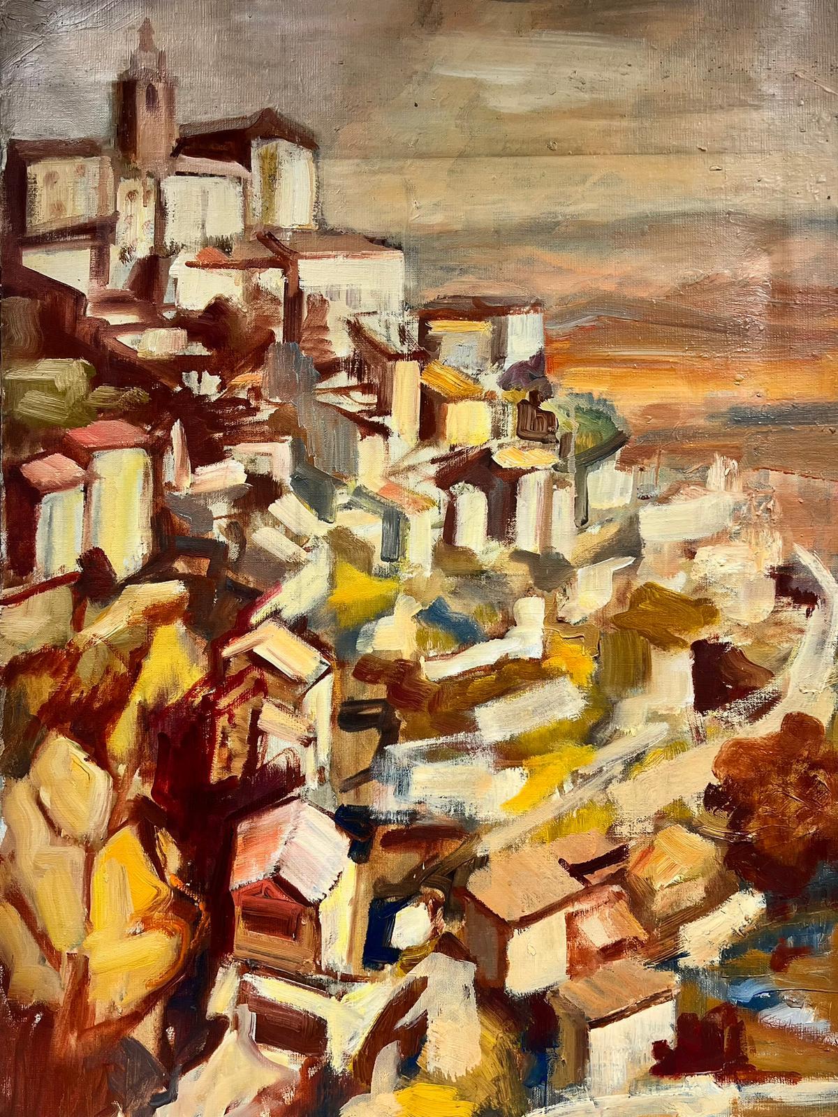 Peinture à l'huile française des années 1960 - Provence - Haut de colline perché - Couleurs ocre orange en vente 1