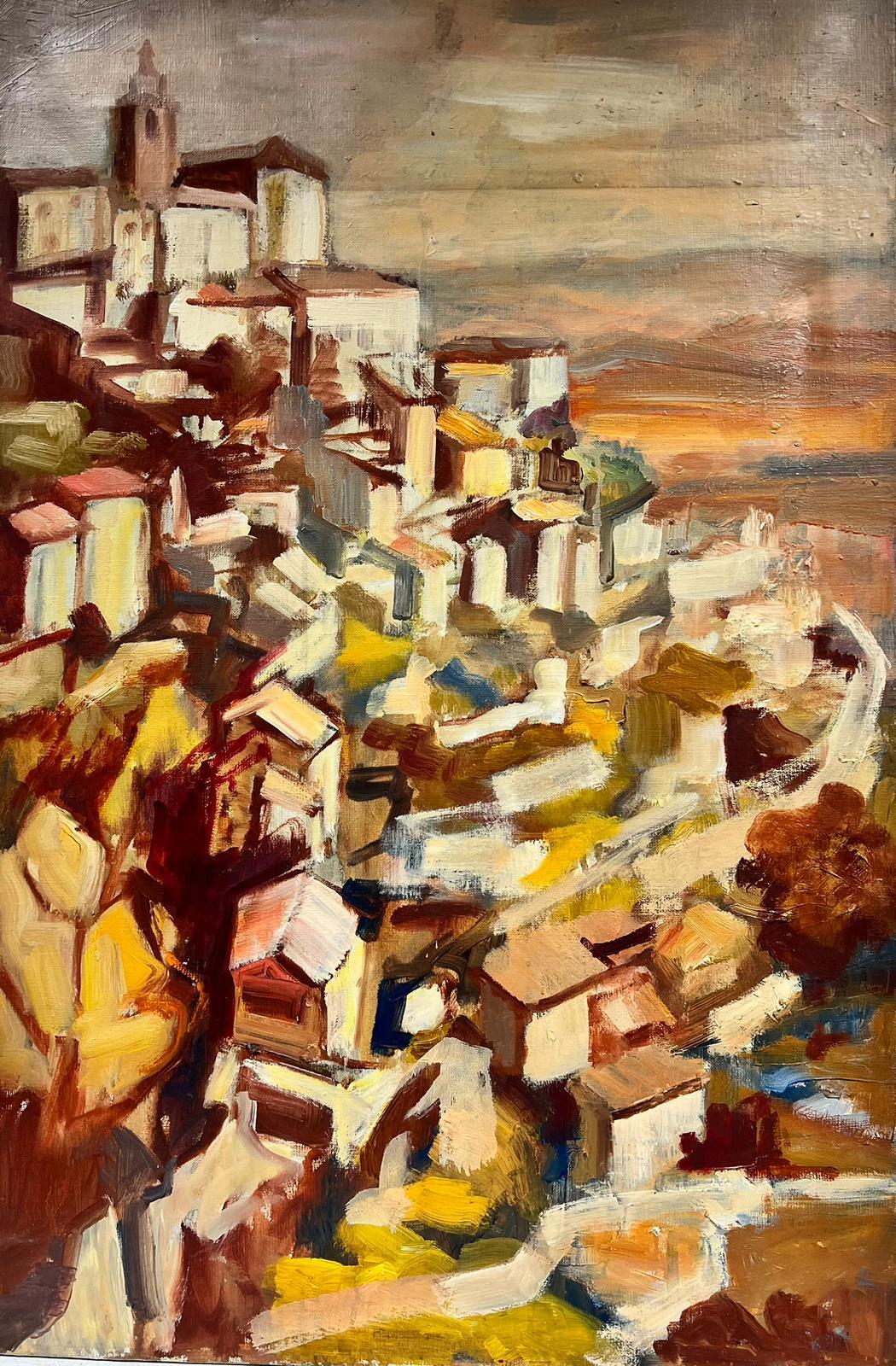 Landscape Painting Josine Vignon - Peinture à l'huile française des années 1960 - Provence - Haut de colline perché - Couleurs ocre orange