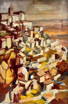 Peinture à l'huile française des années 1960 - Provence - Haut de colline perché - Couleurs ocre orange