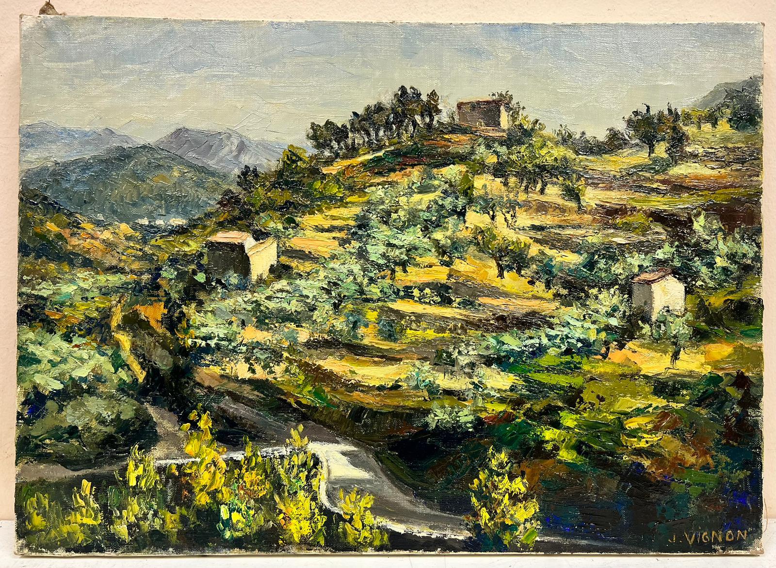 Paysage de Provence d'oliviers parpills, huile post-impressionniste signe, annes 1960 - Painting de Josine Vignon
