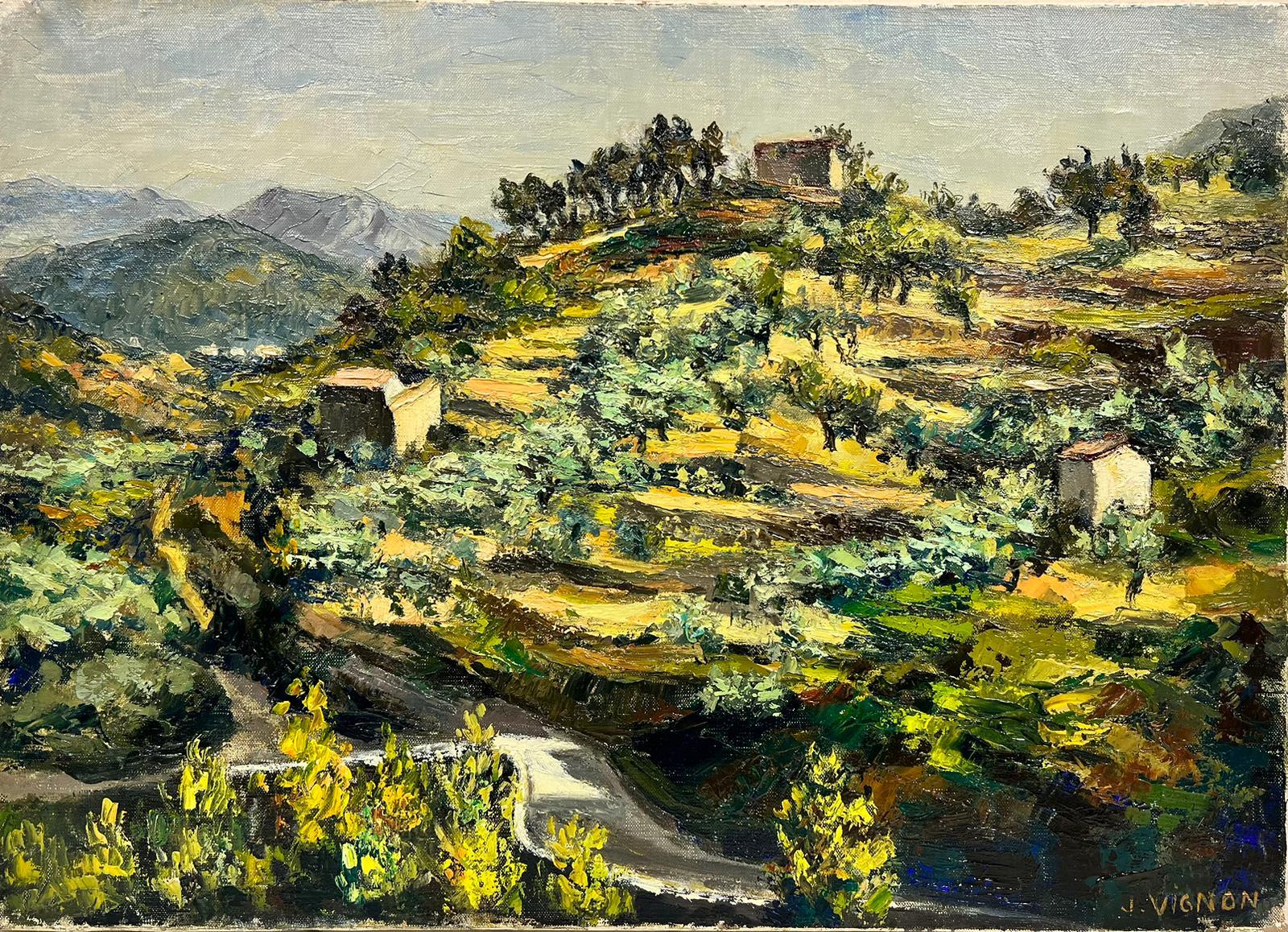 Landscape Painting Josine Vignon - Paysage de Provence d'oliviers parpills, huile post-impressionniste signe, annes 1960