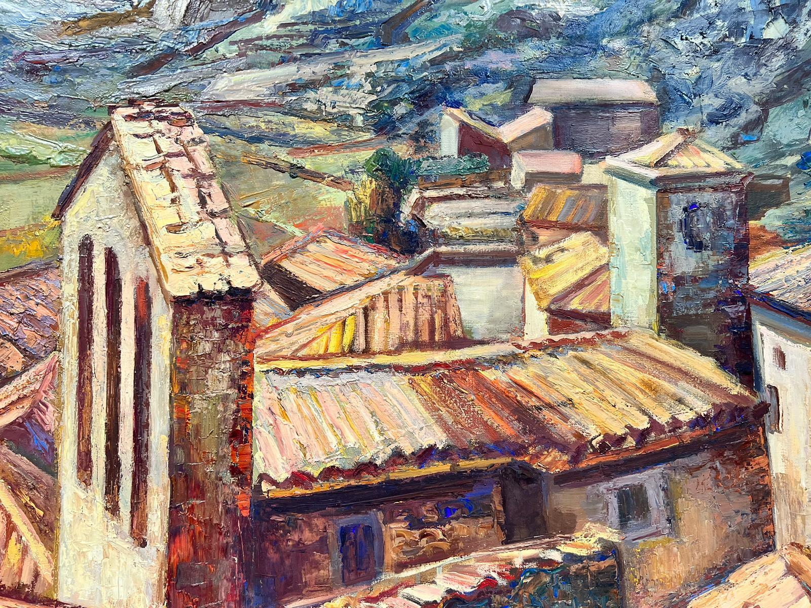 Provence Village Roof Tops Large 19560's French landscape oil painting 2