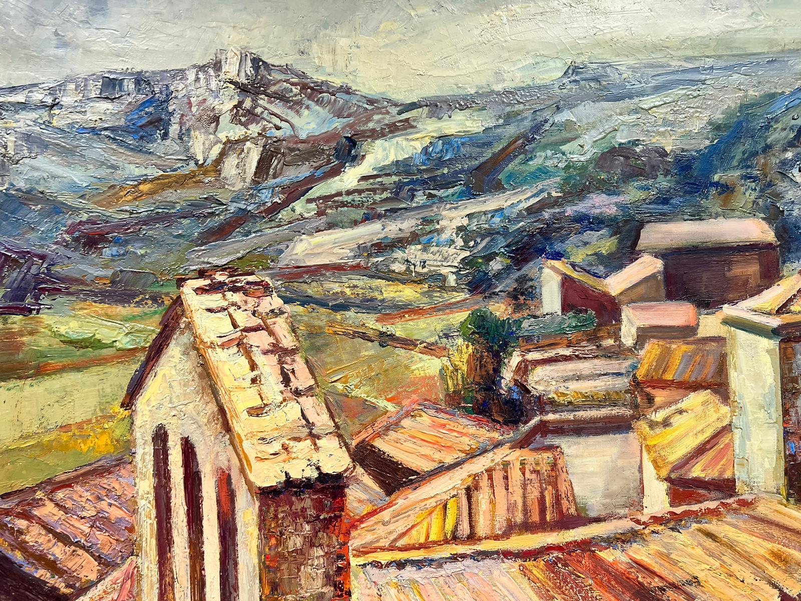 Provence Village Roof Tops Large 19560's French landscape oil painting 3