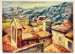 Provence Village Roof Tops Large 19560's French landscape oil painting