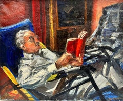 Relaxed Man Reading On Sun Bed Post Impressionist Signed Oil