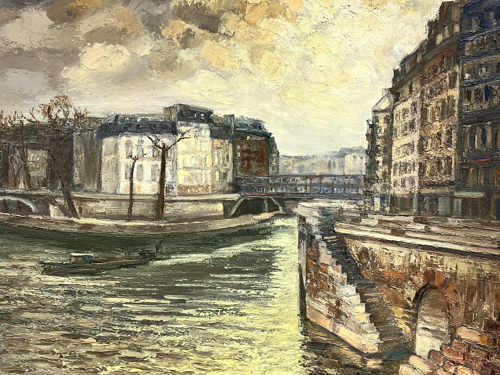 River Seine Paris Atmospheric Moody Sky Landscape Large French Signed Oil - Post-Impressionist Painting by Josine Vignon
