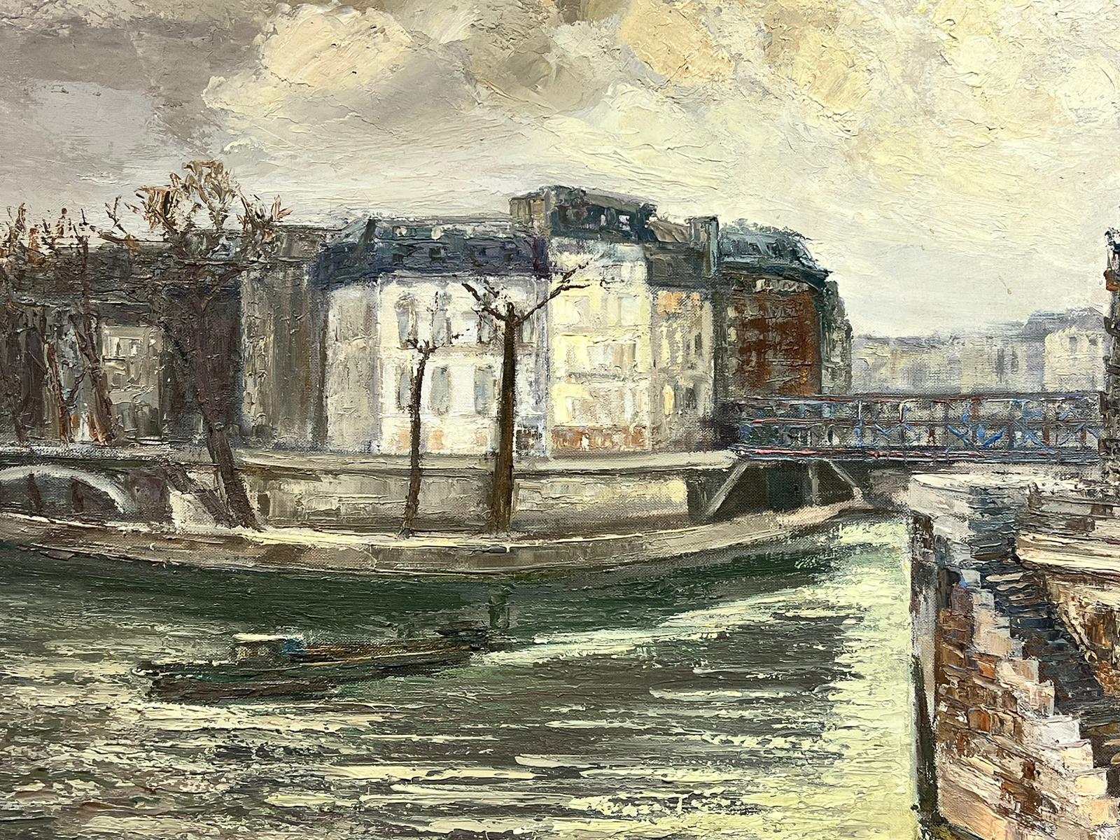River Seine Paris Atmospheric Moody Sky Landscape Large French Signed Oil - Beige Landscape Painting by Josine Vignon