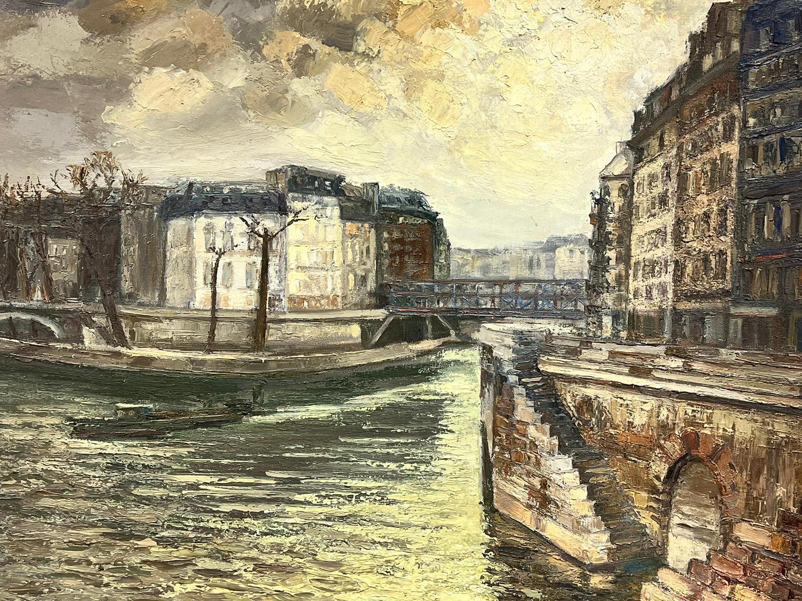 River Seine Paris Atmospheric Moody Sky Landscape Large French Signed Oil For Sale 2