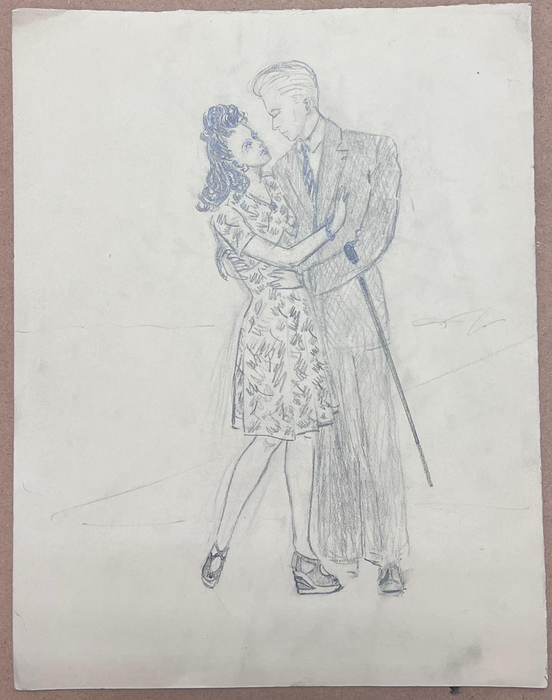 Romantica coppia vestita in modo elegante Schizzo francese del metà del secolo scorso - Art di Josine Vignon