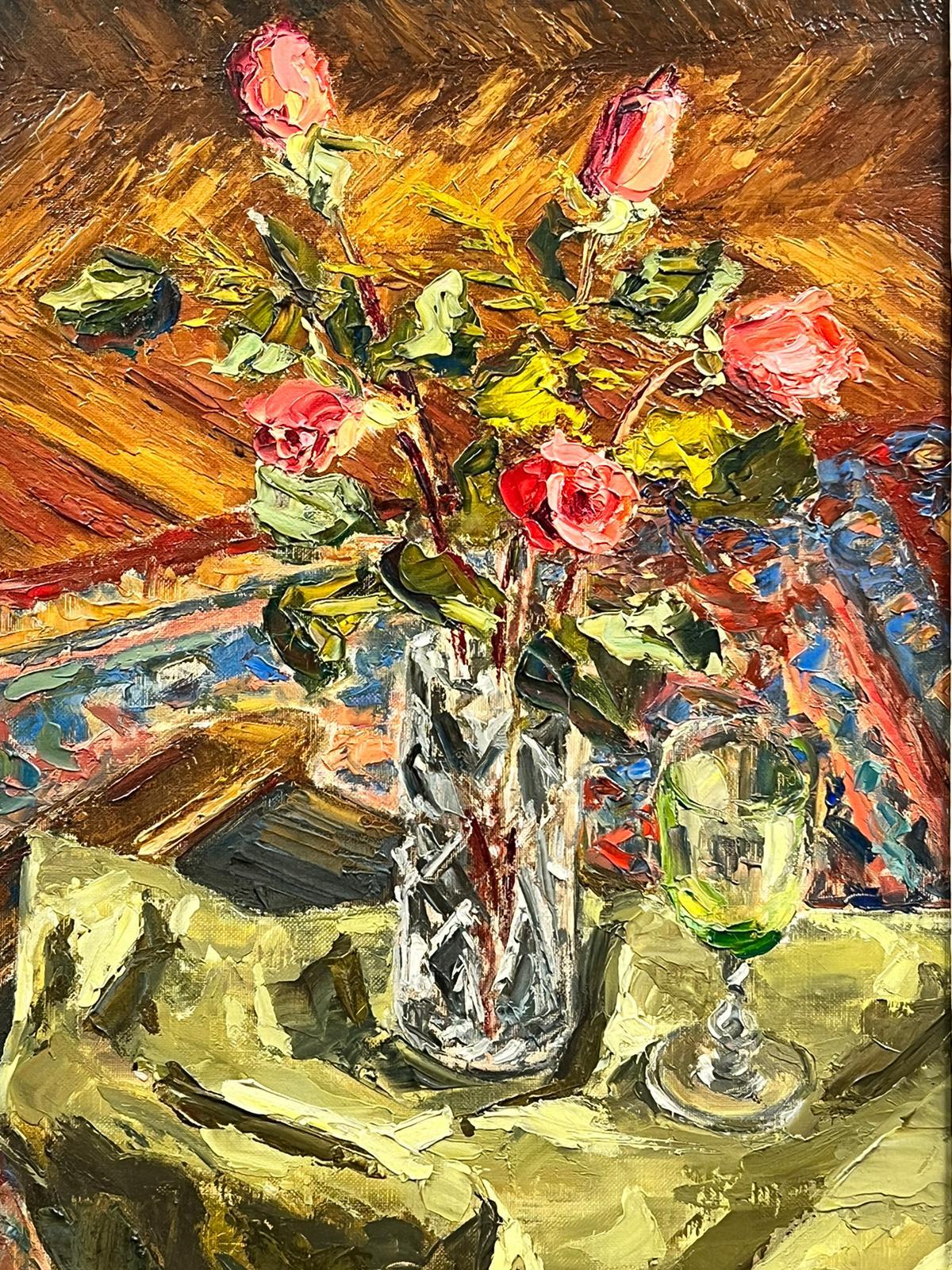 Roses in Vase
by Josine Vignon (French 1922-2022) 
signed oil painting on canvas, framed
framed: 29 x 20 inches
canvas: 22 x 13 inches
very good condition 
provenance: from the artists estate, France

Josine Vignon (1922-2022) was a French artist