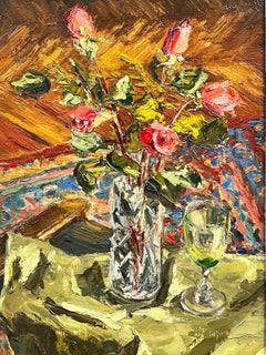 Roses in Vase 1960’s French Post Impressionist Oil Painting Interior Scene