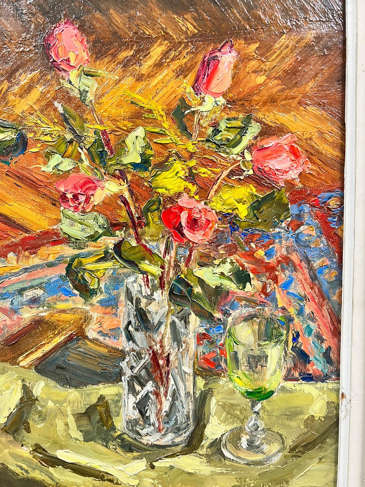 Roses in Vase 1960’s French Post Impressionist Oil Painting Interior Scene For Sale 2