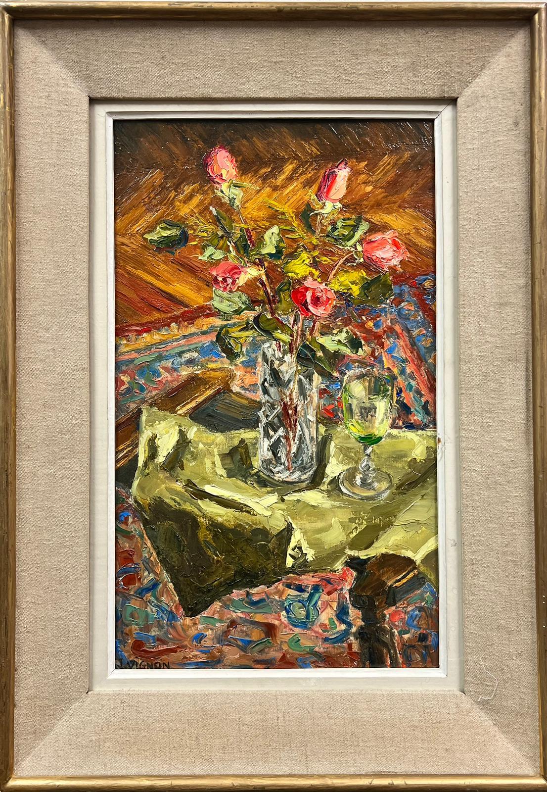Josine Vignon Interior Painting - Roses in Vase 1960’s French Post Impressionist Oil Painting Interior Scene
