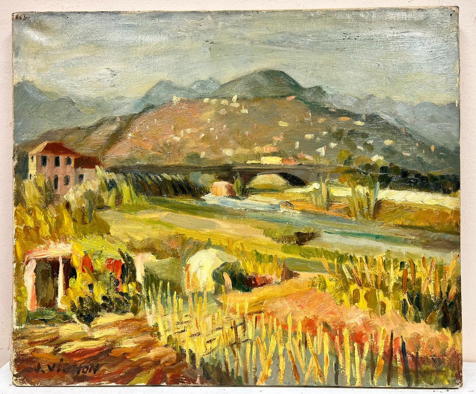 Paesaggio rurale francese con ponte Post Impressionista firmato ad olio - Painting di Josine Vignon
