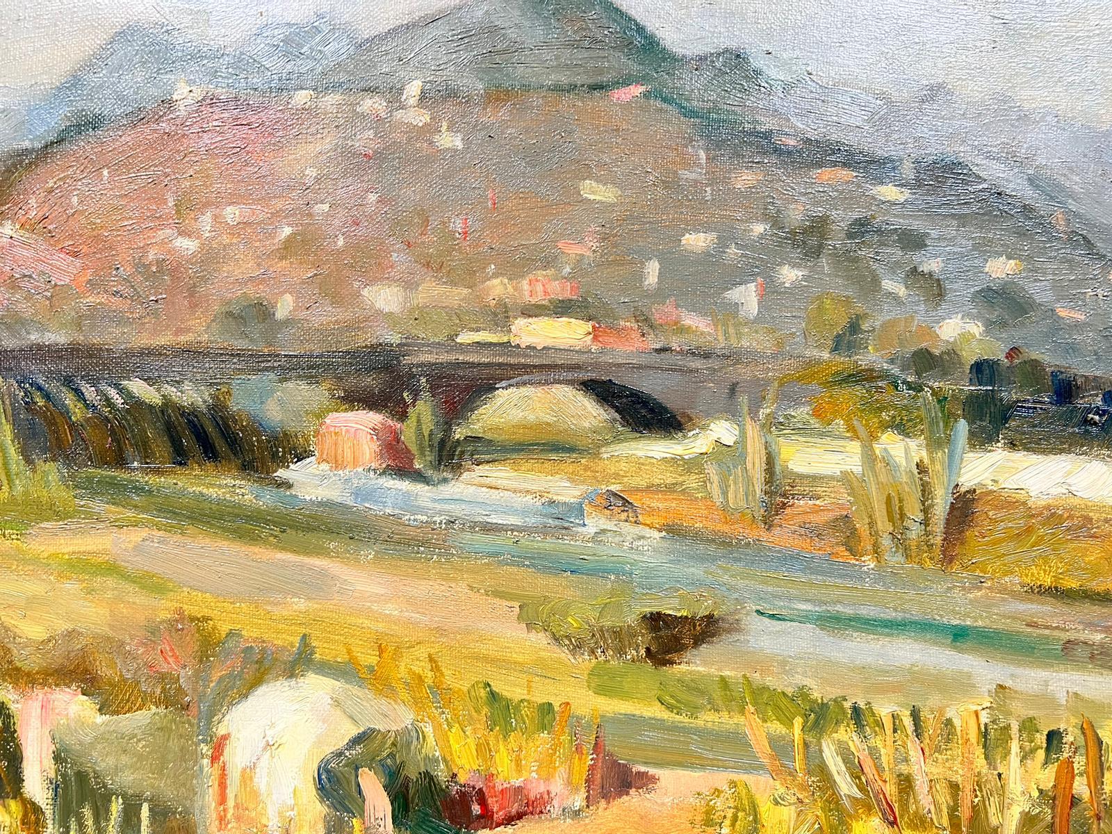 Paesaggio rurale francese con ponte Post Impressionista firmato ad olio - Landscape Painting Marrone di Josine Vignon