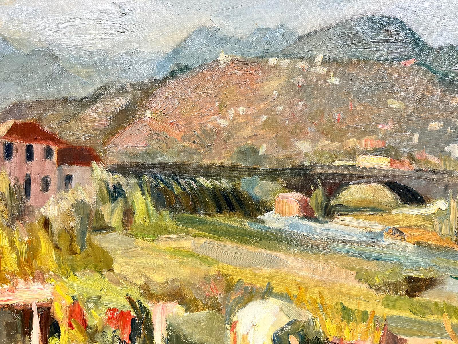 Paesaggio rurale francese con ponte Post Impressionista firmato ad olio in vendita 1