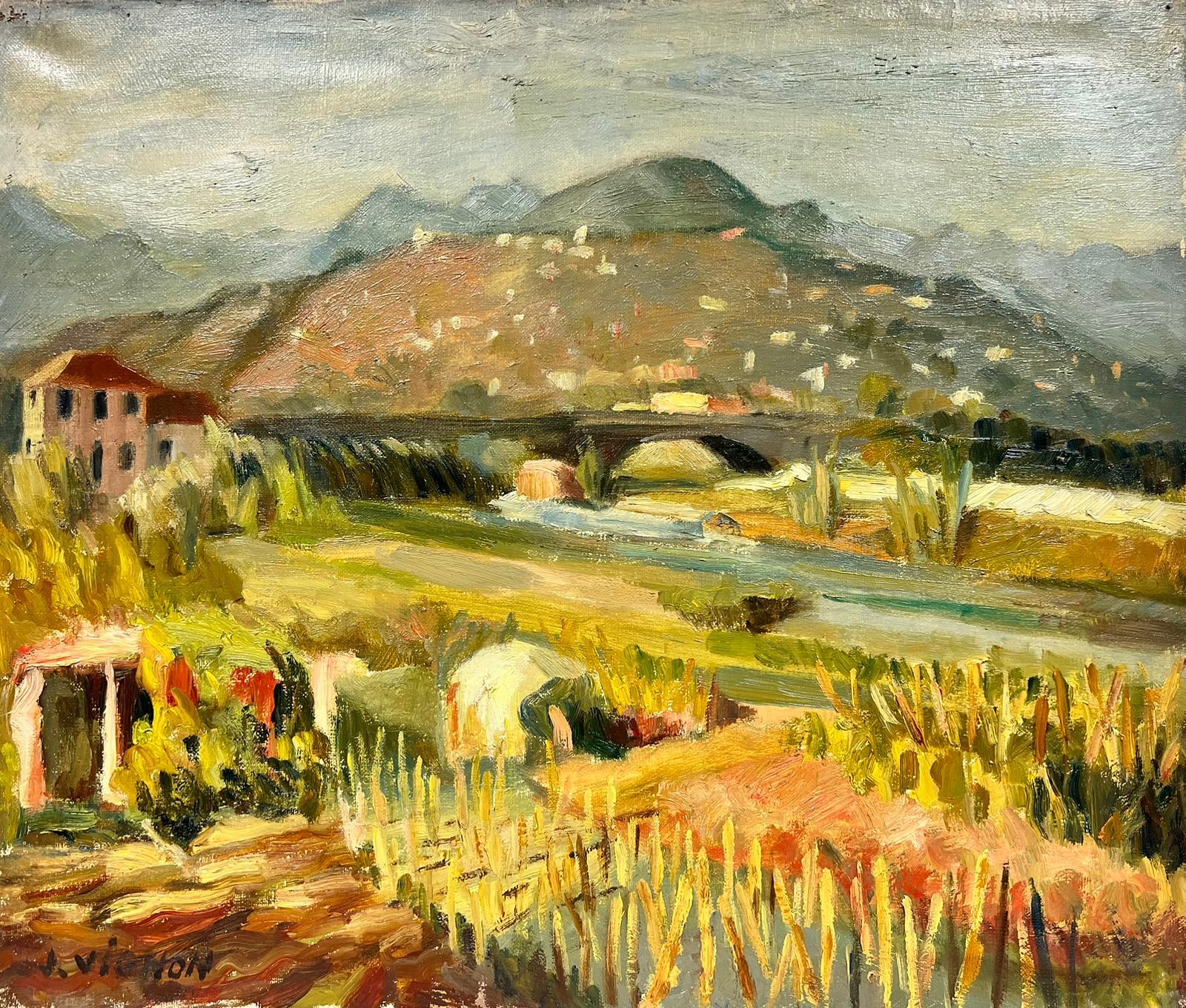 Landscape Painting di Josine Vignon - Paesaggio rurale francese con ponte Post Impressionista firmato ad olio