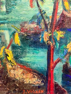 Signed French Post Impressionist Oil Mid Century Jungle Pond with Boat