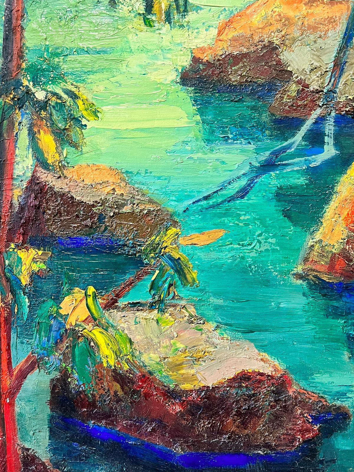Huile post-impressionniste signée du milieu du siècle Jungle étang avec bateau - Post-impressionnisme Painting par Josine Vignon