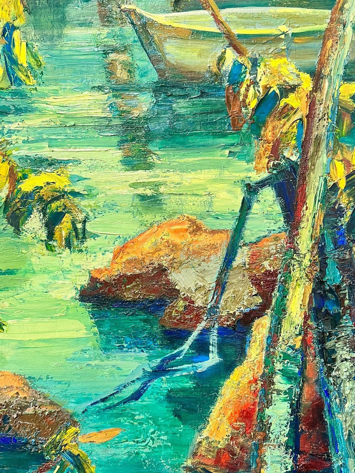 Huile post-impressionniste signée du milieu du siècle Jungle étang avec bateau en vente 1