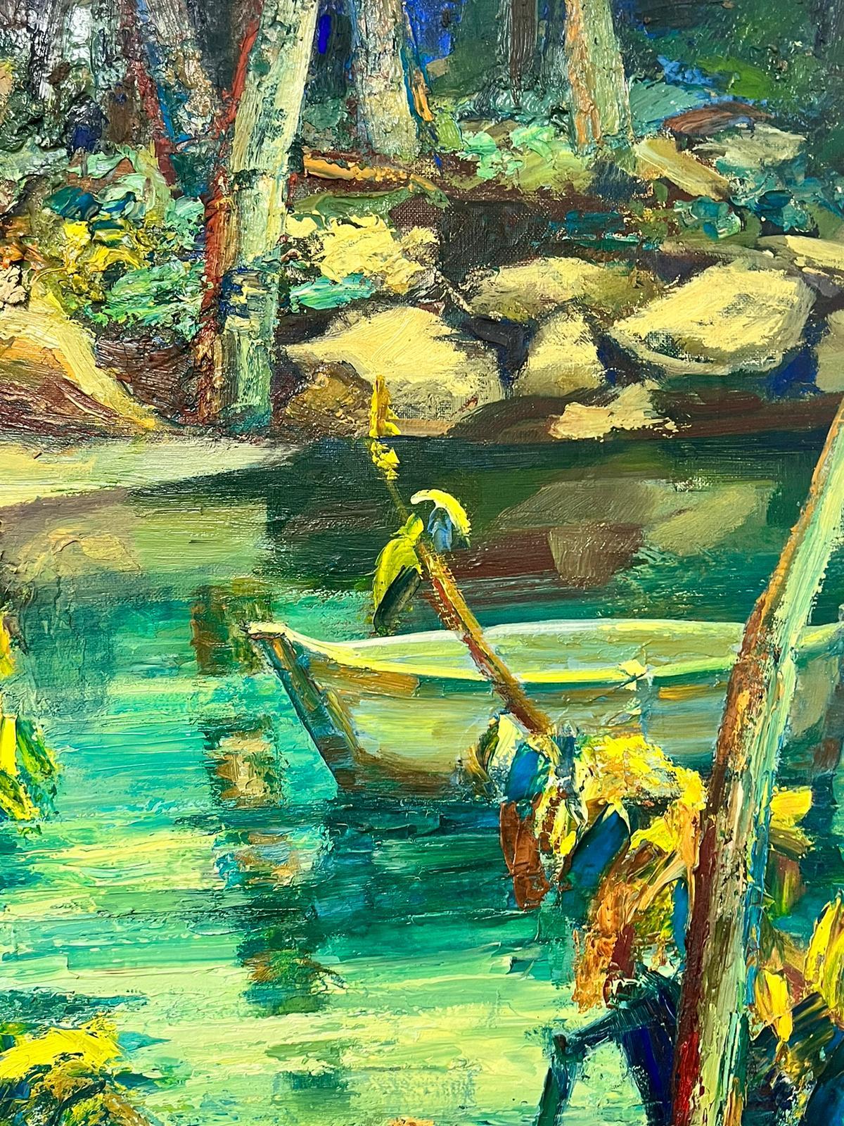 Huile post-impressionniste signée du milieu du siècle Jungle étang avec bateau en vente 2