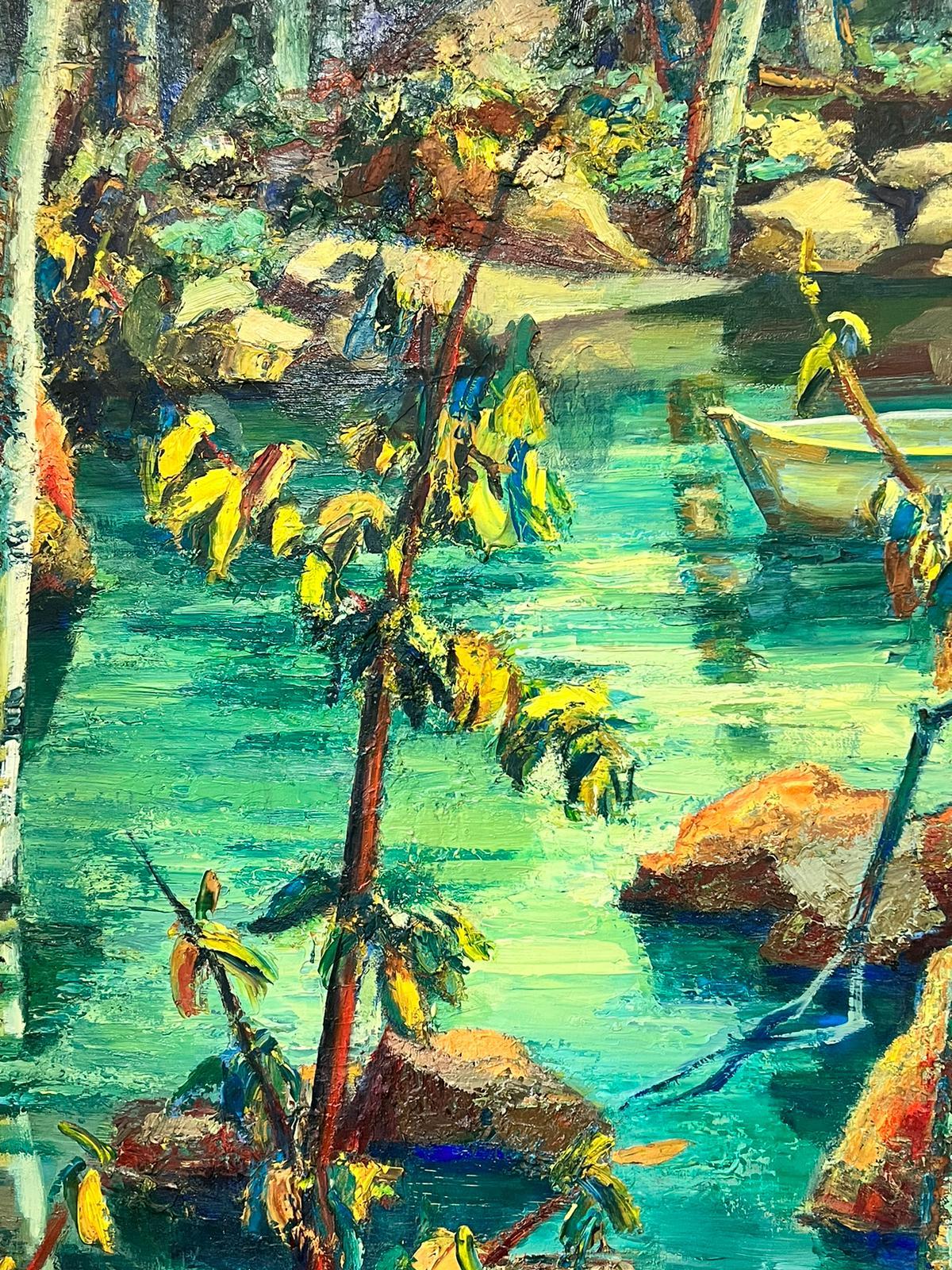 Huile post-impressionniste signée du milieu du siècle Jungle étang avec bateau en vente 3