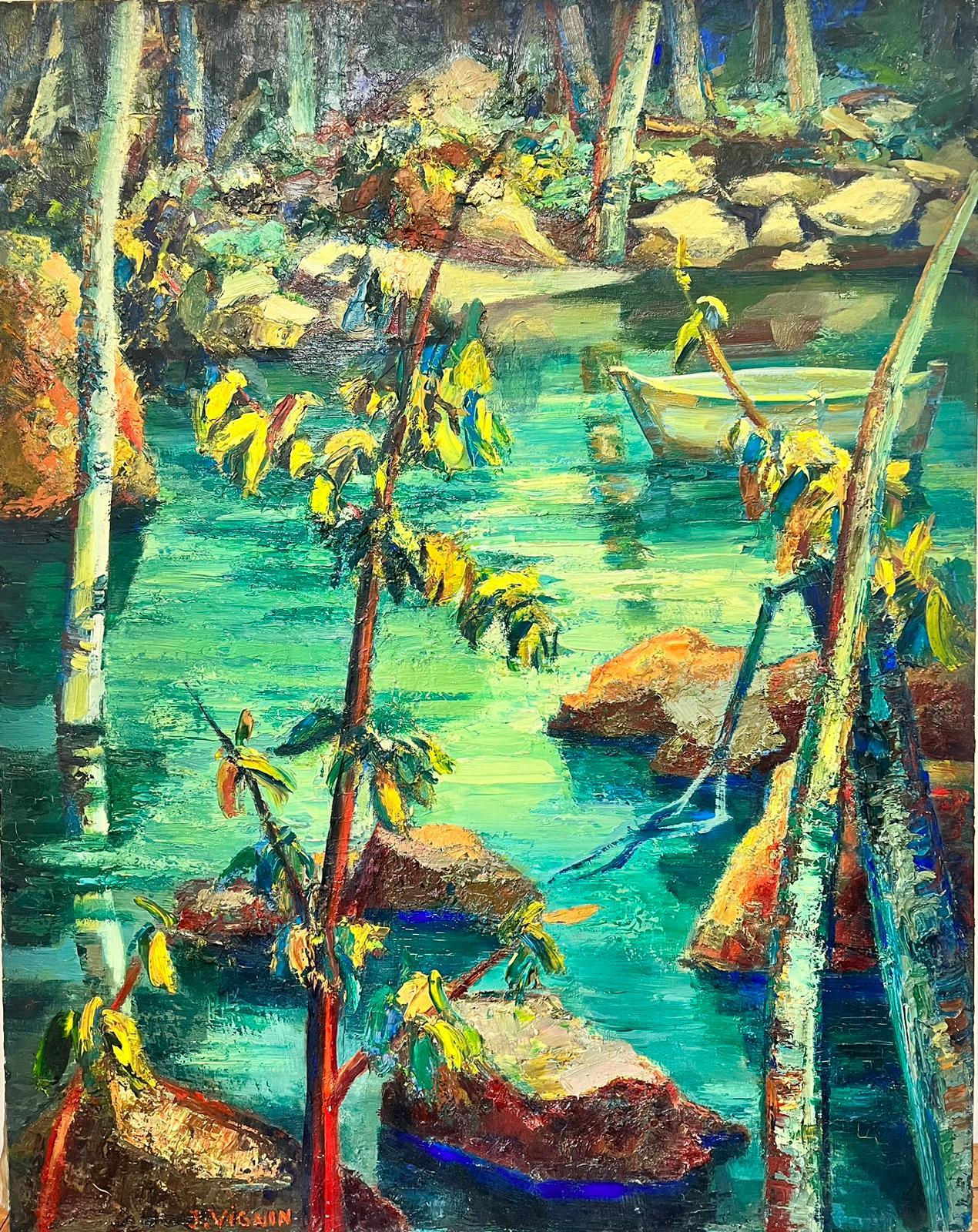 Josine Vignon Landscape Painting - Signed French Post Impressionist Oil Mid Century Jungle Pond with Boat