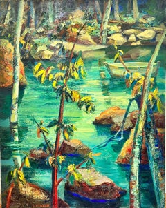 Vintage Signed French Post Impressionist Oil Mid Century Jungle Pond with Boat