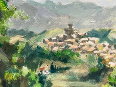 Torre provenzale addormentata in un paesaggio verde e lussureggiante Pittura a olio francese della metà del XX secolo
