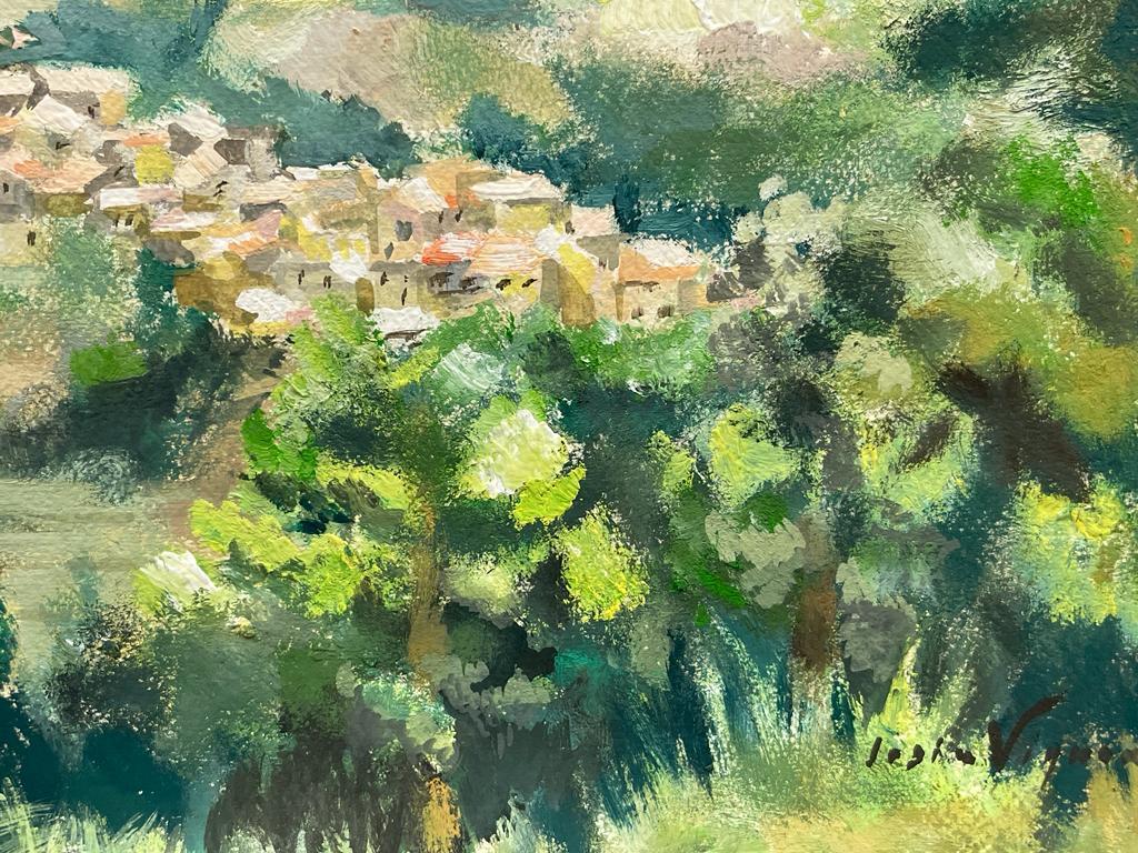 Sleepy Provence Tow in Lush Green Landscape Mid 20th Century French Oil Painting For Sale 1