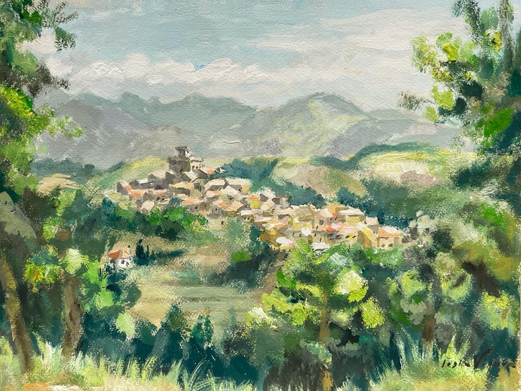 Landscape Painting Josine Vignon - Peinture à l'huile française du milieu du 20e siècle - Paysage vert luxuriant en vache de Provence