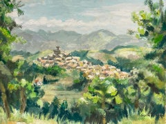 Sleepy Provence Tow in Lush Green Landscape Mid 20th Century French Oil Painting