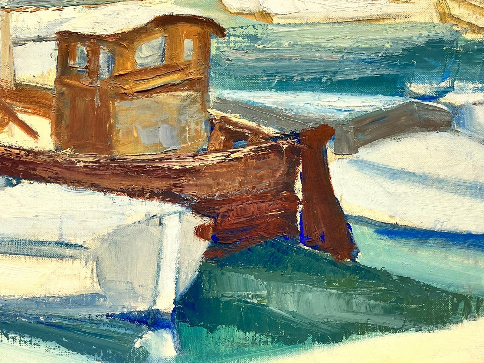 South of France Mediterranean Tranquil Harbour Boats & Figure 1950's French Oil - Painting by Josine Vignon