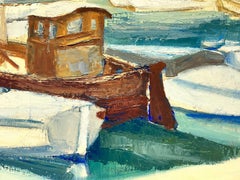 South of France Mediterranean Tranquil Harbour Boats & Figure 1950's French Oil